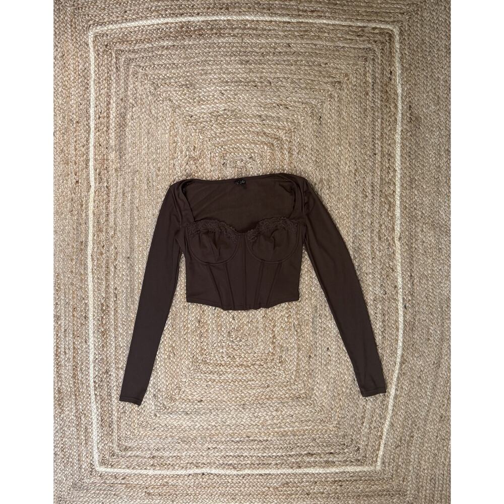 Womens Brown Long Sleve Lacy Corset Crop Top